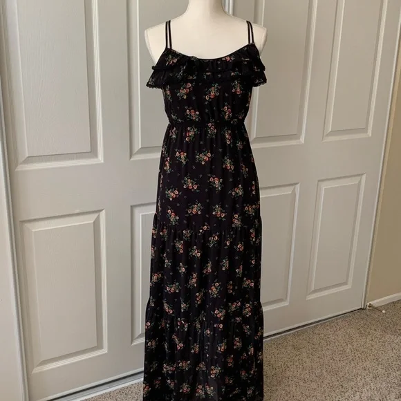 Guess | Dresses | Maxi Dress Guess Brand Black Floral With Spaghetti Straps  | Poshmark